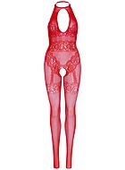 Elegantes Bodystocking, Netz, Strasssteine, offener Schritt, Schlüsselloch, Stockings-Imitation